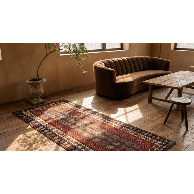 Early 20th Century 1900s Brown Geometric Tribal Antique Caucasian Moghan Rug 3'7" X 8'8" Knotted Wool Carpet For Sale - Image 5 of 7