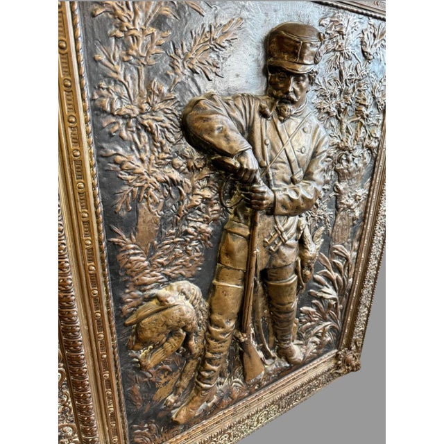 Late 19th Century Antique Brass Repoussé Hanging Scenic Plaque Hunter With His Dog & Game Animals For Sale - Image 5 of 11