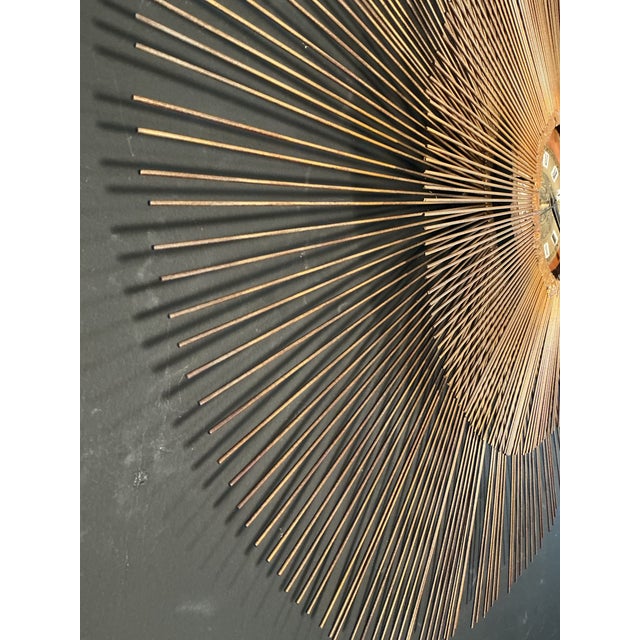 Metal Vintage Brutalist Sunburst Wall Clock Brass and Copper Mid Century Modern, C. 60s 70s For Sale - Image 7 of 12
