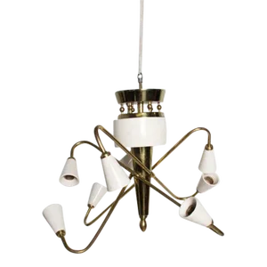 1970s White Ceramic Brass Chandelier Style Arturo Pani Mexico