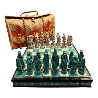 Vintage Mexican Hand Carved Chess Set With Carrying Case For Sale