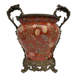 Large Chinese Porcelain Jardiniere Chinoiserie Planter Ornate Cast Metal Handles Coral Floral Cachepot For Sale