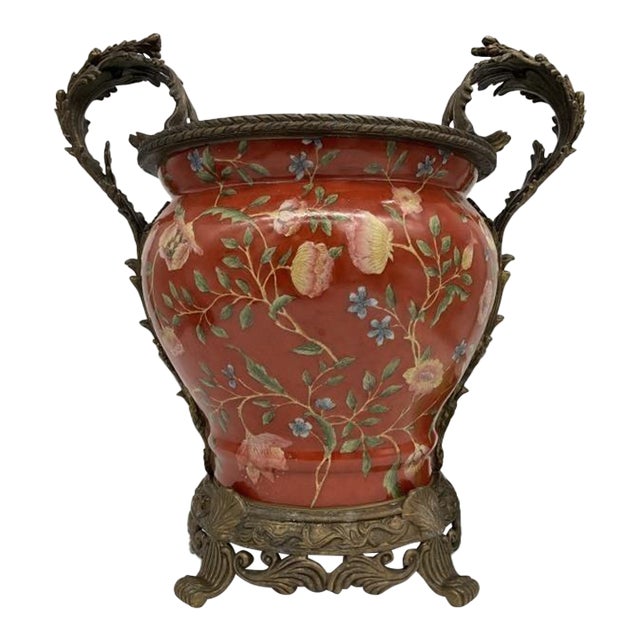 Large Chinese Porcelain Jardiniere Chinoiserie Planter Ornate Cast Metal Handles Coral Floral Cachepot For Sale