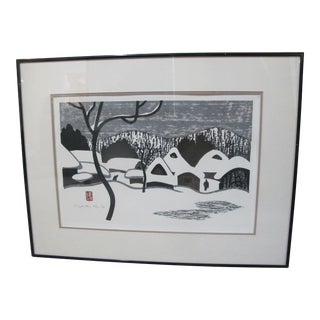 Kiyoshi Saito Japanese Black & White Signed Woodblock Print Aizu in Winter Snow For Sale