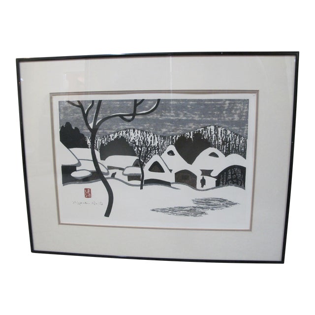 Kiyoshi Saito Japanese Black & White Signed Woodblock Print Aizu in Winter Snow For Sale