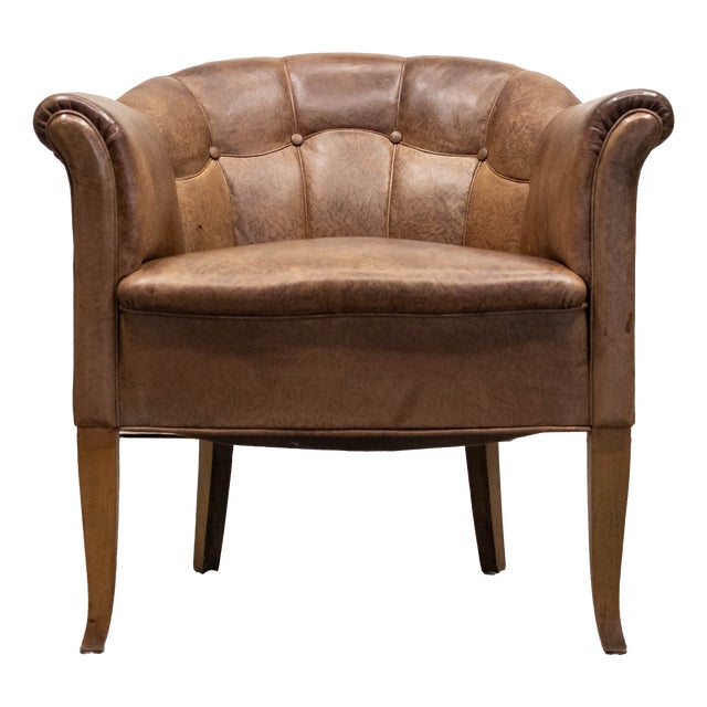 Art Nouveau Swedish Club Chair in Brown Leather, 1940s For Sale
