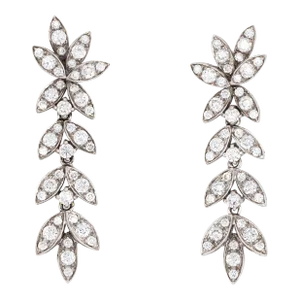 Vintage Diamond 18k White Gold Foliate Fringe Drop Earrings - 2 Pieces