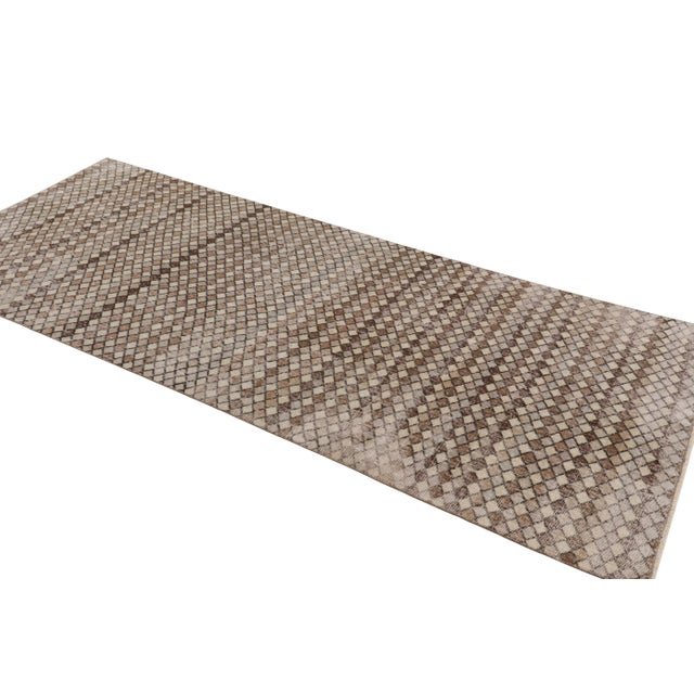 Rug & Kilim Vintage Distressed Runner Rug, Beige and Brown Geometric Pattern - Rug & Kilim For Sale - Image 4 of 7