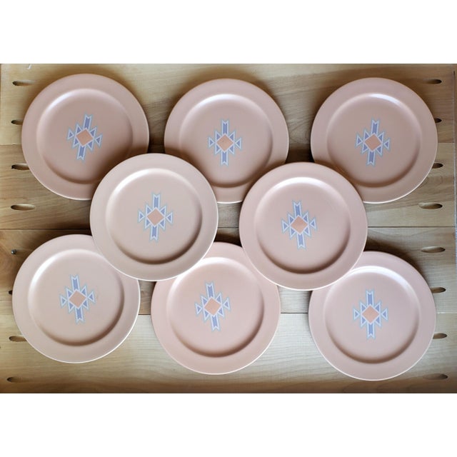 This vintage dinnerware Salad Plate set in Treasure Craft's Southwest pattern design are characterized by an earthy peach-...