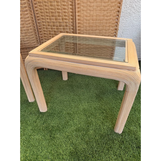 1980s Pair of Vintage 1980s Rattan & Glass Waterfall End Tables – Mid Century Coastal Palm Beach Regency Tables For Sale - Image 5 of 10