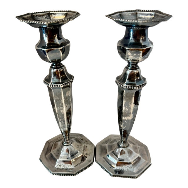 Pair of Unweighted Antique Woodside Sterling Co. Hexagonal Candlesticks .925 For Sale