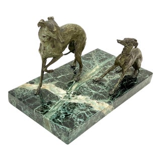 Antique Greyhound Whippet Sculpture in Aged Bronze and Serpentine / Verde Marble Base For Sale