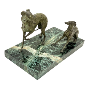 Antique Greyhound Whippet Sculpture in Aged Bronze and Serpentine / Verde Marble Base