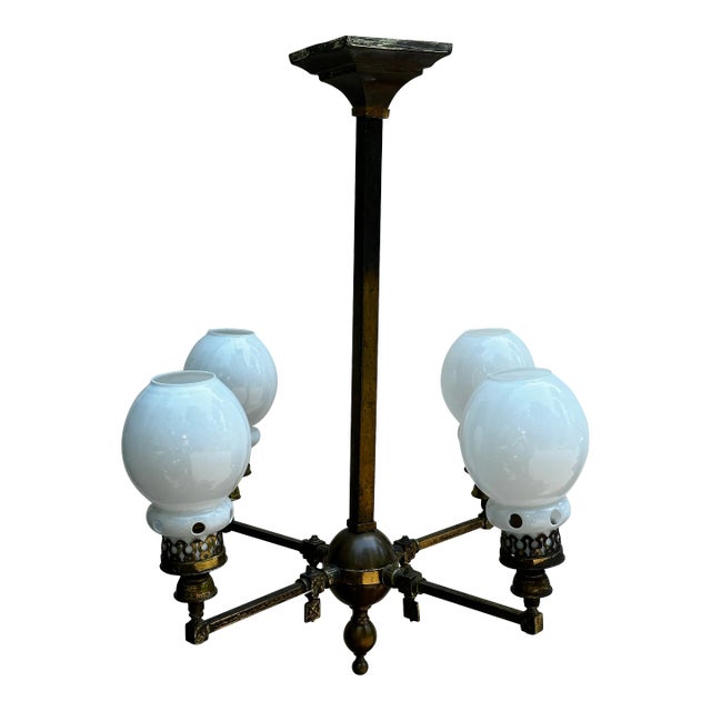 Vintage Four Arm Brass Gas Fixture With Vintage Shades For Sale