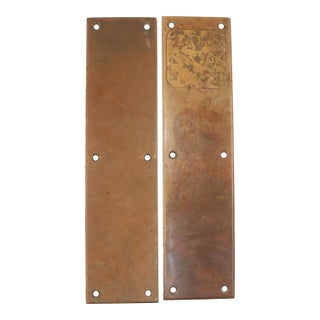Pair of 14 In. Vintage Patina Brass Door Push Plates For Sale