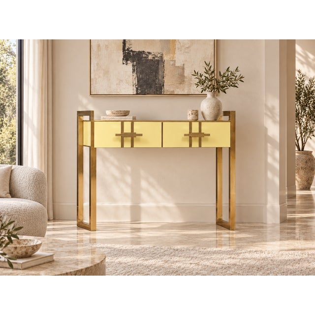 Italian Console Table in Butter Yellow Murano Glass and Brass from Justfurnituress SRL For Sale - Image 9 of 10