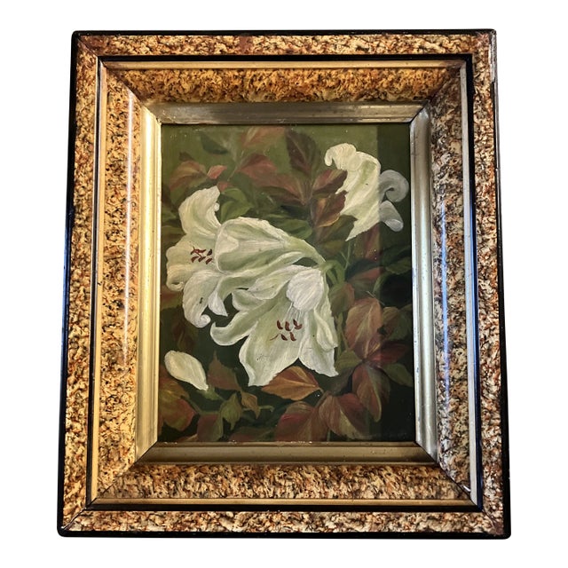 19th Century Original Lillies Painting Antique Folk Art Frame For Sale