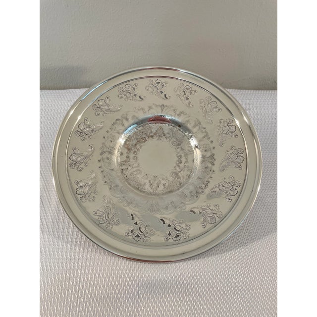 Vintage Round Silverplate Reticulated Platter With Etched Design For Sale - Image 11 of 11
