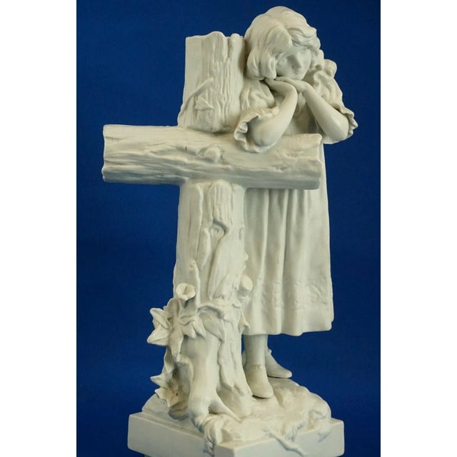 Large 20th Century Biscuit Porcelain Sculpture of a Little Girl Praying on a Cross from Betoule Et Cie, Limoges, France For Sale - Image 12 of 18