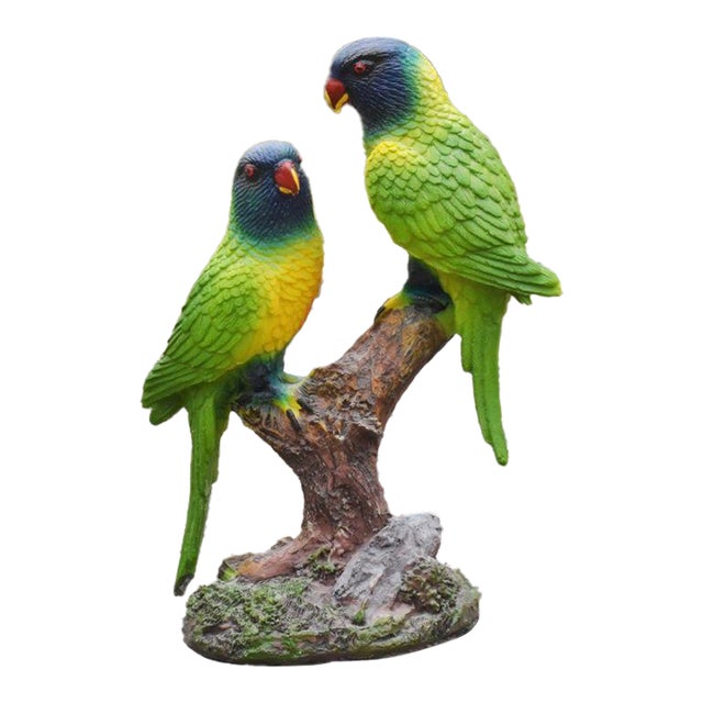 Resin Parakeet Figurine – 7.5" Realistic Bird Sculpture on Branch For Sale