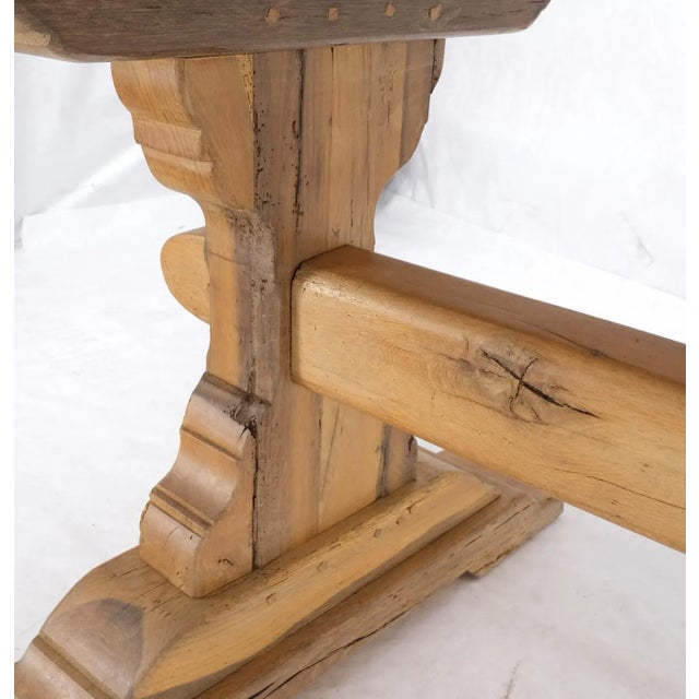 Wood Large Antique Solid Oak Slab Top Trestle Farm Dining Conference Table For Sale - Image 7 of 13