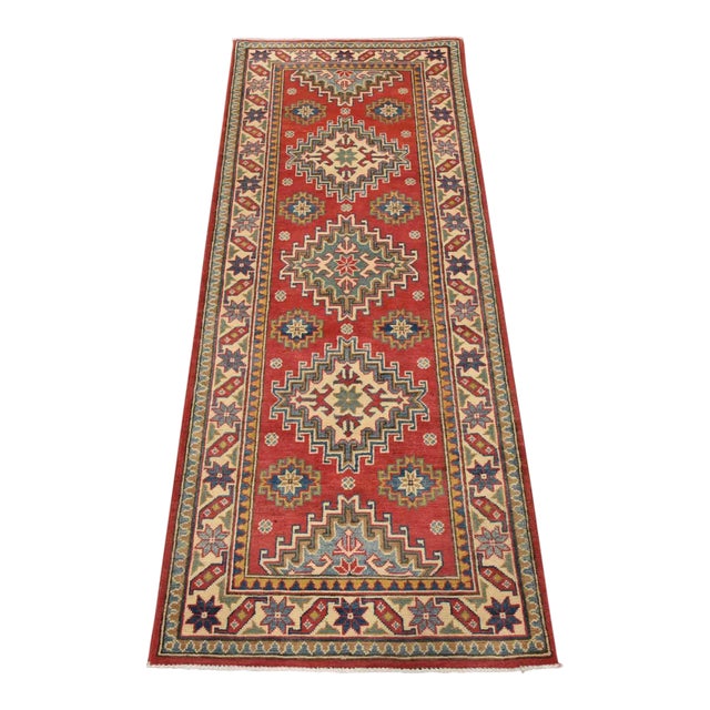 Kazak Runner 2’8” X 6’7” Red Wool Tribal Hand-Knotted Oriental Rug For Sale