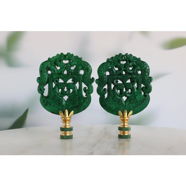 Chinese Chinese Archaic Style Carved Stone Lamp Finials on Brass Hardware - A Matching Pair For Sale - Image 3 of 9