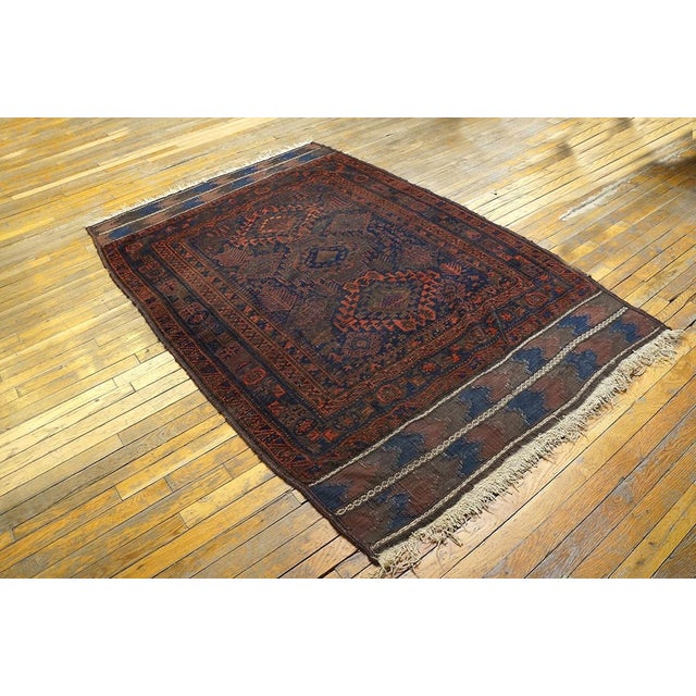 Tribal 1890s Blue Navy Diamond Tribal Antique Baluch Turkman Rug 4'6" X '6'9" Handknotted Wool Carpet For Sale - Image 3 of 6