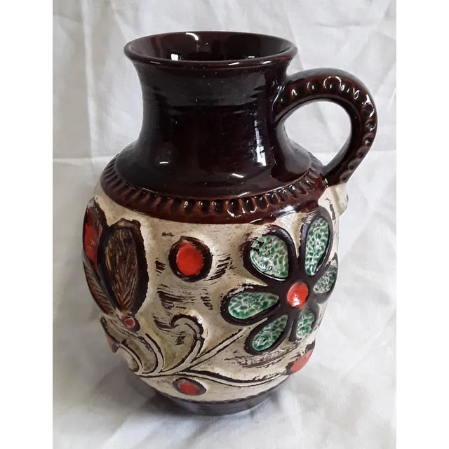 Vintage German Beige and Brown Ceramic Vase with Colored Flower Decor from Bay Keramik, 1990s For Sale - Image 4 of 4