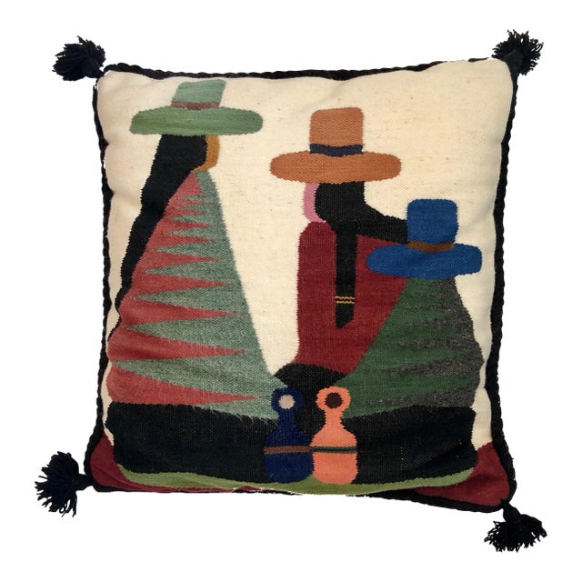 Olga Fisch, Vintage Handwoven Tapestry Wool Folk Art Rug Weaving Pillow or Wall Hanging, Circa 1950s For Sale