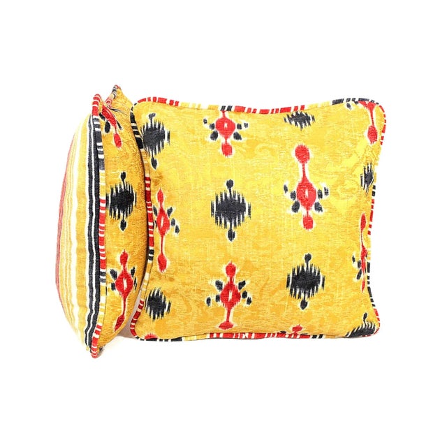 Yellow Silk Velvet Ikat Reversible Pillows With Stripe Piping - a Pair For Sale - Image 11 of 13