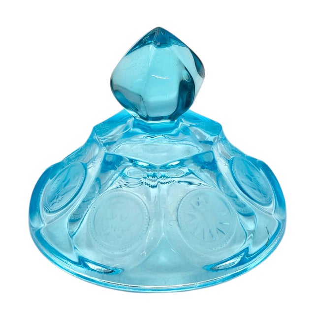 Fostoria Aqua Ice Blue Coin Glass Covered Candy Jar With Finial Lid For Sale - Image 11 of 13