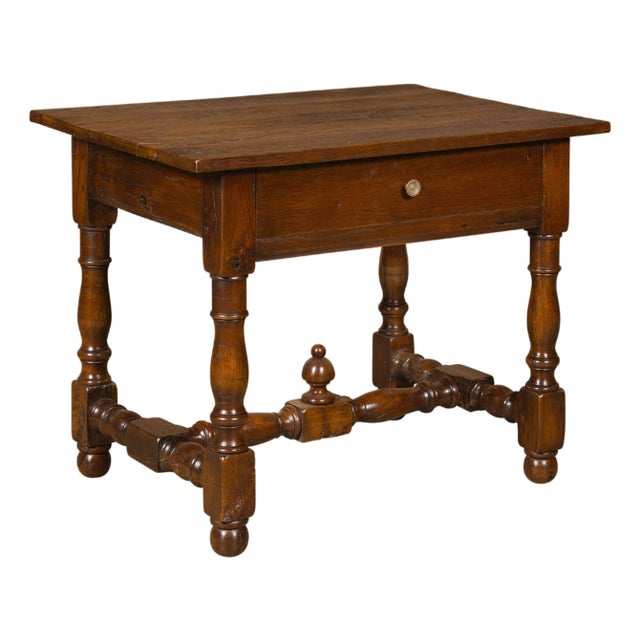 18th Century English Oak Side Table with Single Drawer and Turned Base For Sale