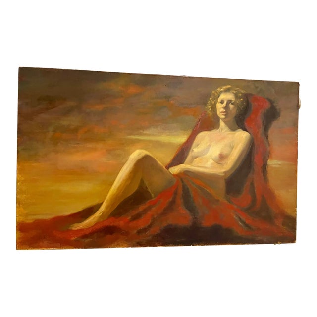 Vintage Oil on Canvas Painting of a Nude Woman on Red Fabric For Sale