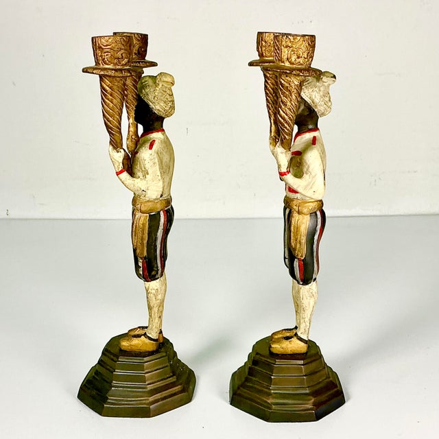 Early 1900s Antique Mediterranean Italian Venetian Moorish Painted Bronze Candelabras - A Pair For Sale - Image 9 of 17