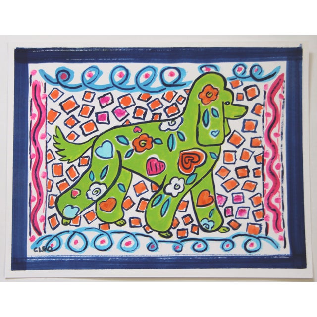 Dog, French Poodle. Peter Max Style, Psychedelic in green, blue, orange rose pink, white, and navy with an abstract...