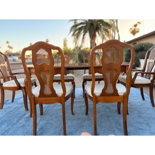 Ivory Late 20th Century Attributed to Bassett Chalons Collection Sequoia Cherry Dining Set With Cane-Back Chairs, Extension Leaf & Custom Table Pads For Sale - Image 8 of 17