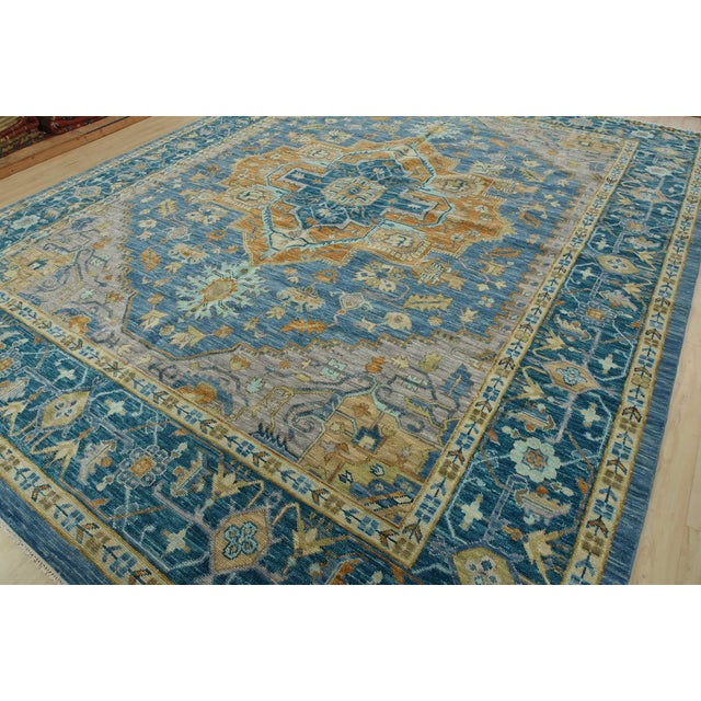 Tribal Serapi Rug 12’2” X 15’3” Blue Wool Tribal Hand-Knotted Oriental Carpet For Sale - Image 3 of 12