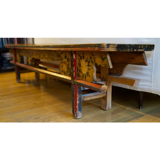Yellow Antique Chinese Hand-Painted Elm Bench For Sale - Image 8 of 10