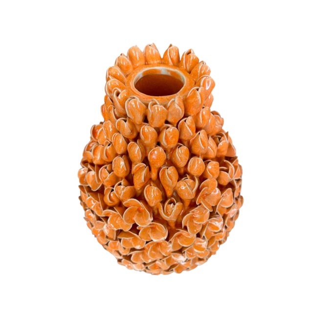 Italian Vintage Mid-Century Italian Ceramic Floral Blossom Vase – Vibrant Orange Glaze For Sale - Image 3 of 12