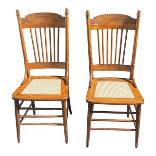 Early 20th Century Antique Pressed Back Oak Cane Seat Chairs, Set of 2 For Sale
