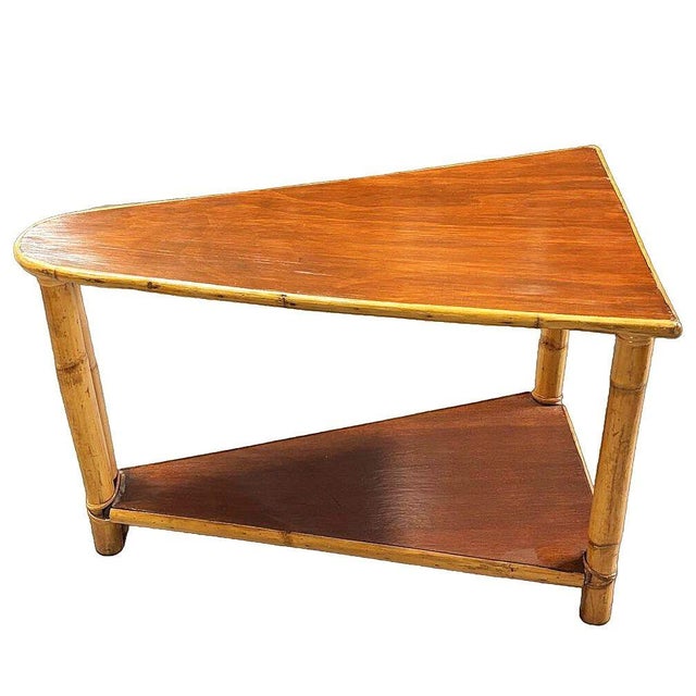 1950s Restored Mid-Century Rattan & Mahogany 2-Strand Wedge Side Table W/ Bottom Shelf For Sale In Los Angeles - Image 6 of 6