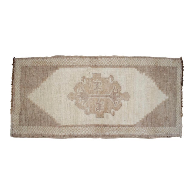 1970s Small Turkish Rug Yastik Hand Knotted Undyed Organic Wool Petite Rug Entry Mat Doormat - 18'' X 37'' For Sale