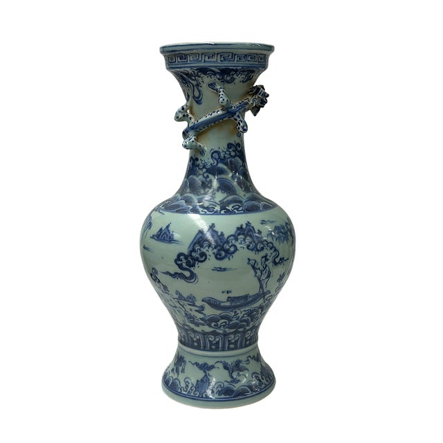 Vintage Blue White Celadon Handpainted Figural Landscape Chilong Dragon Porcelain Vase For Sale - Image 4 of 9