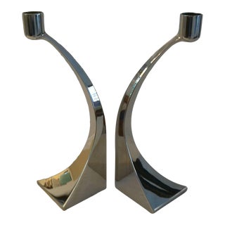 Vintage Modern Design Chrome Candle Holders, a Pair For Sale