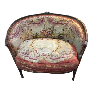 19thc Louis XVI Carved Fruitwood Settee With Needlepoint Upholstery