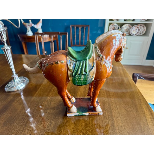 Stately Tang style vintage Sancail Glaze horse in warm chestnut and green colors. Excellent condition.