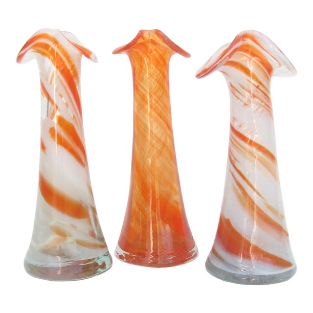 Murano Style Orange & White Art Glass Vases, S/3 For Sale