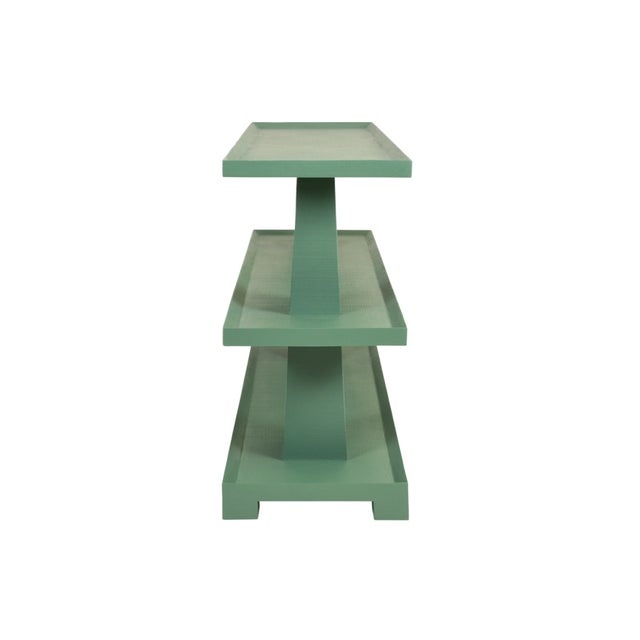 Matthew Izzo Home Lowen Textured Green Linen Three Tier Console Table For Sale In New York - Image 6 of 7