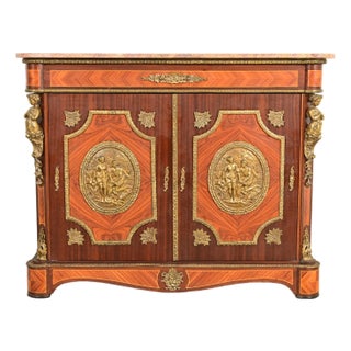 Paul Sormani Style French Napoleon III Mahogany and Kingwood Marble Top Buffet Server or Bar Cabinet With Mounted Gilt Bronze Ormolu For Sale